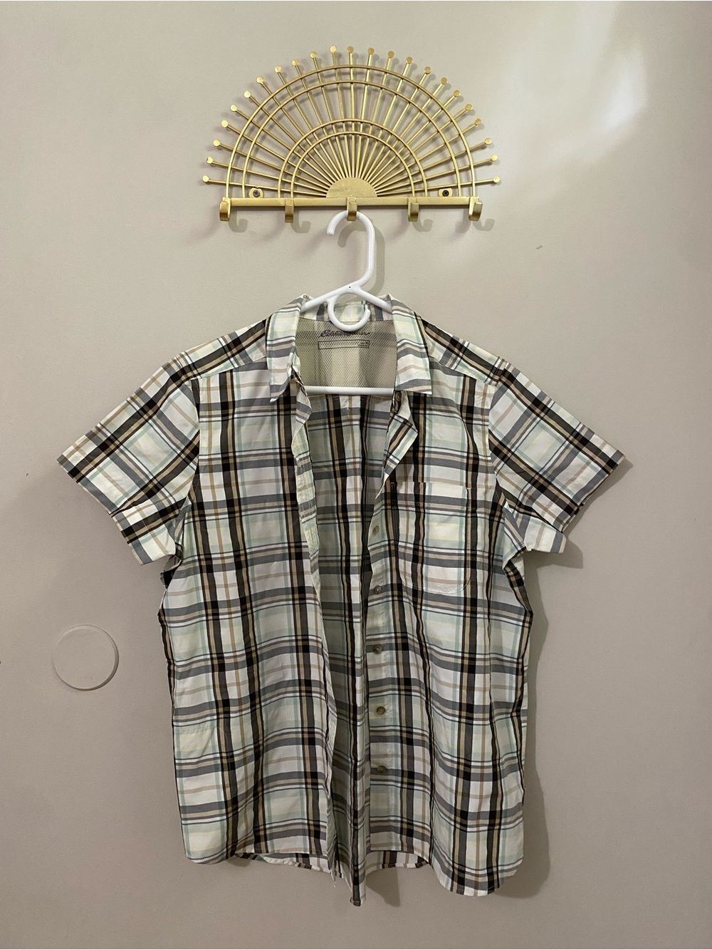 Eddie Bauer Short-Sleeve Plaid Button-Down Shirt - Green, Brown & White